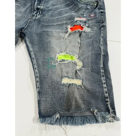 SMOKE RISE Denim Shorts Men Size 46 Distressed Neon Patch Frayed Hem 100 - Picture 12 of 12